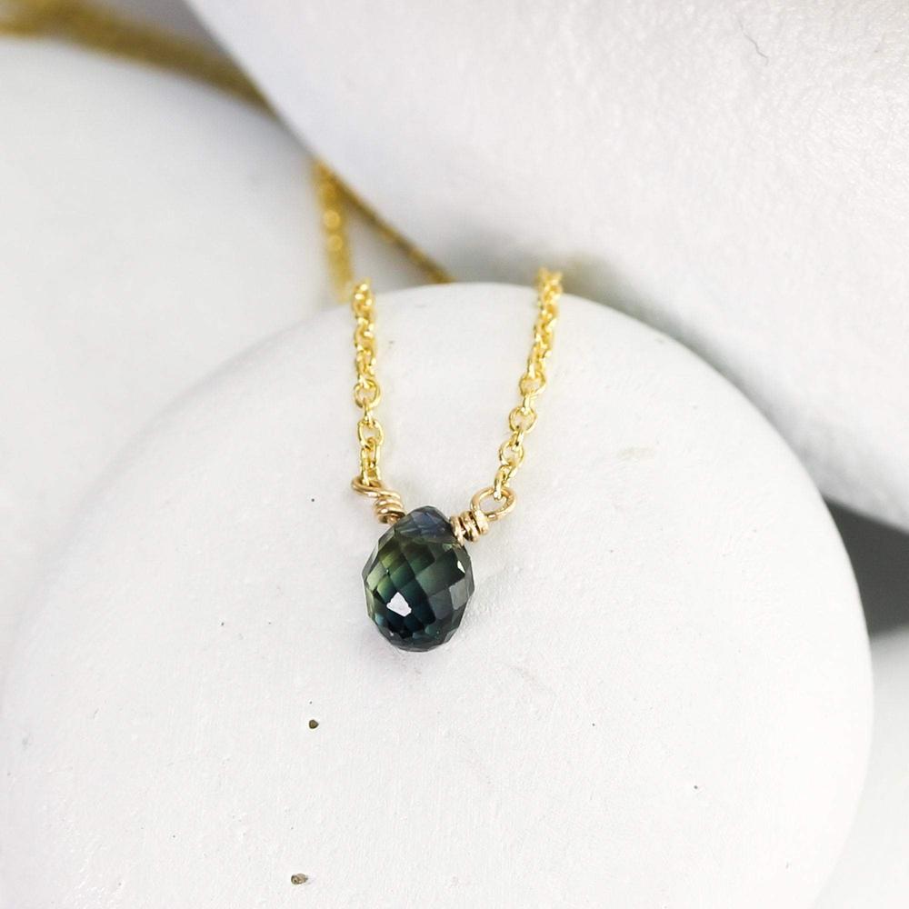 14K Solitaire Necklace with Green Sapphire and Aquamarine