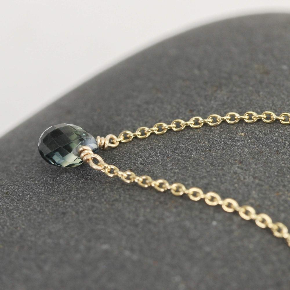 14K Solitaire Necklace with Green Sapphire and Aquamarine