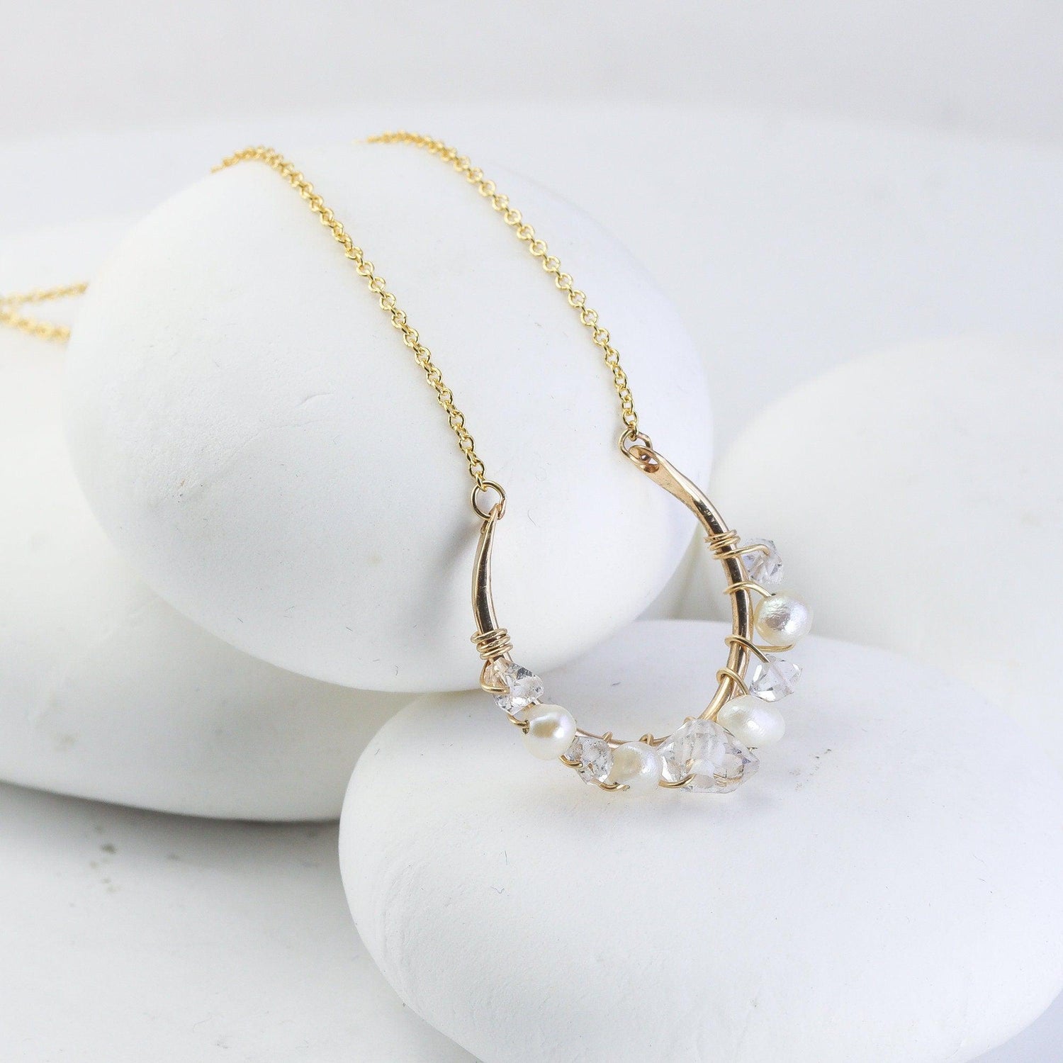 Crescent Pearl and Herkimer Diamond Necklace