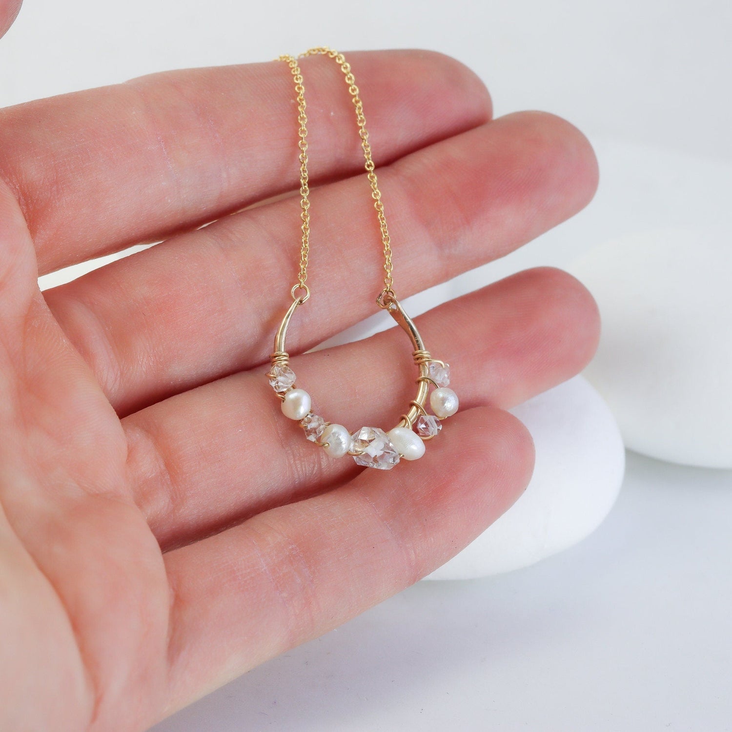 Crescent Pearl and Herkimer Diamond Necklace