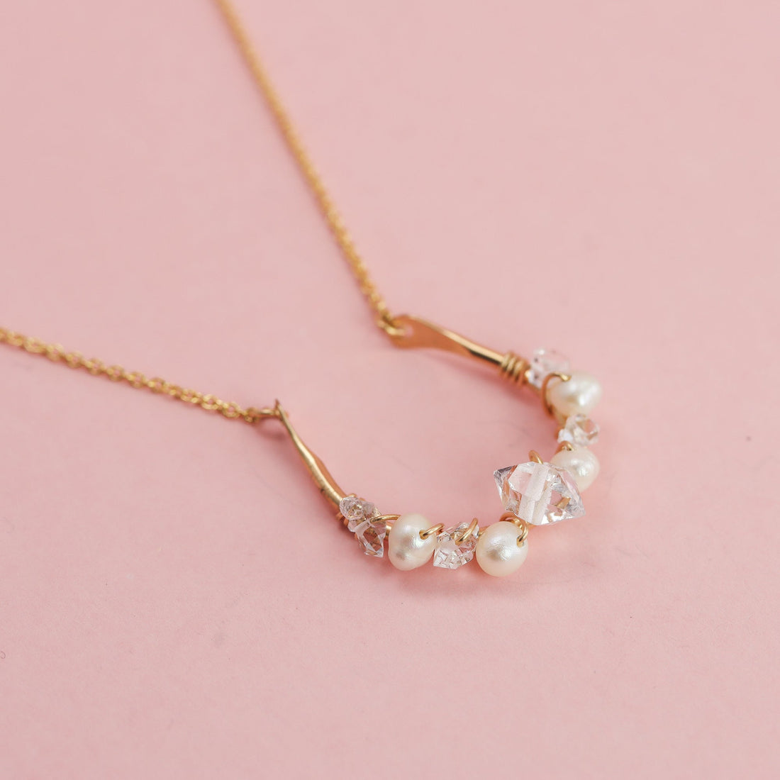 Crescent Pearl and Herkimer Diamond Necklace