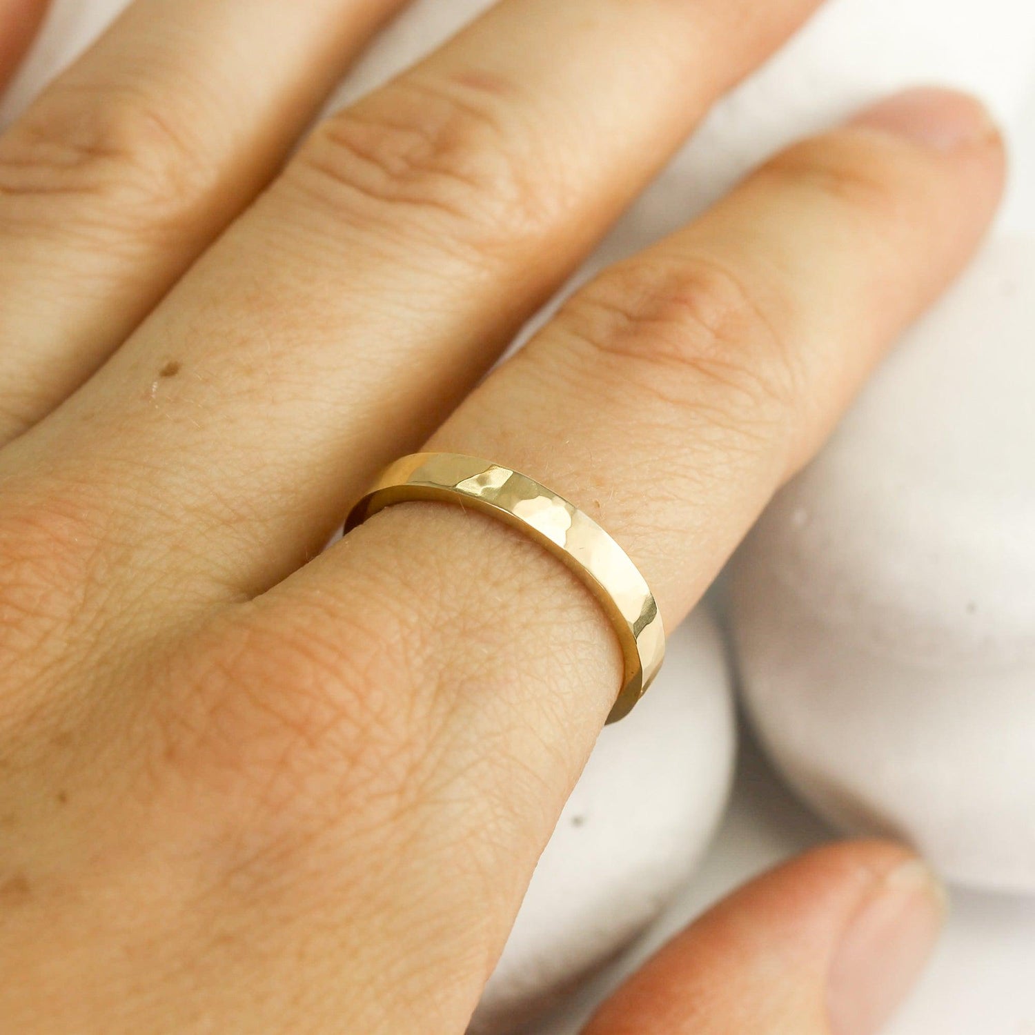 Hammered 14K Gold Wedding Band Set