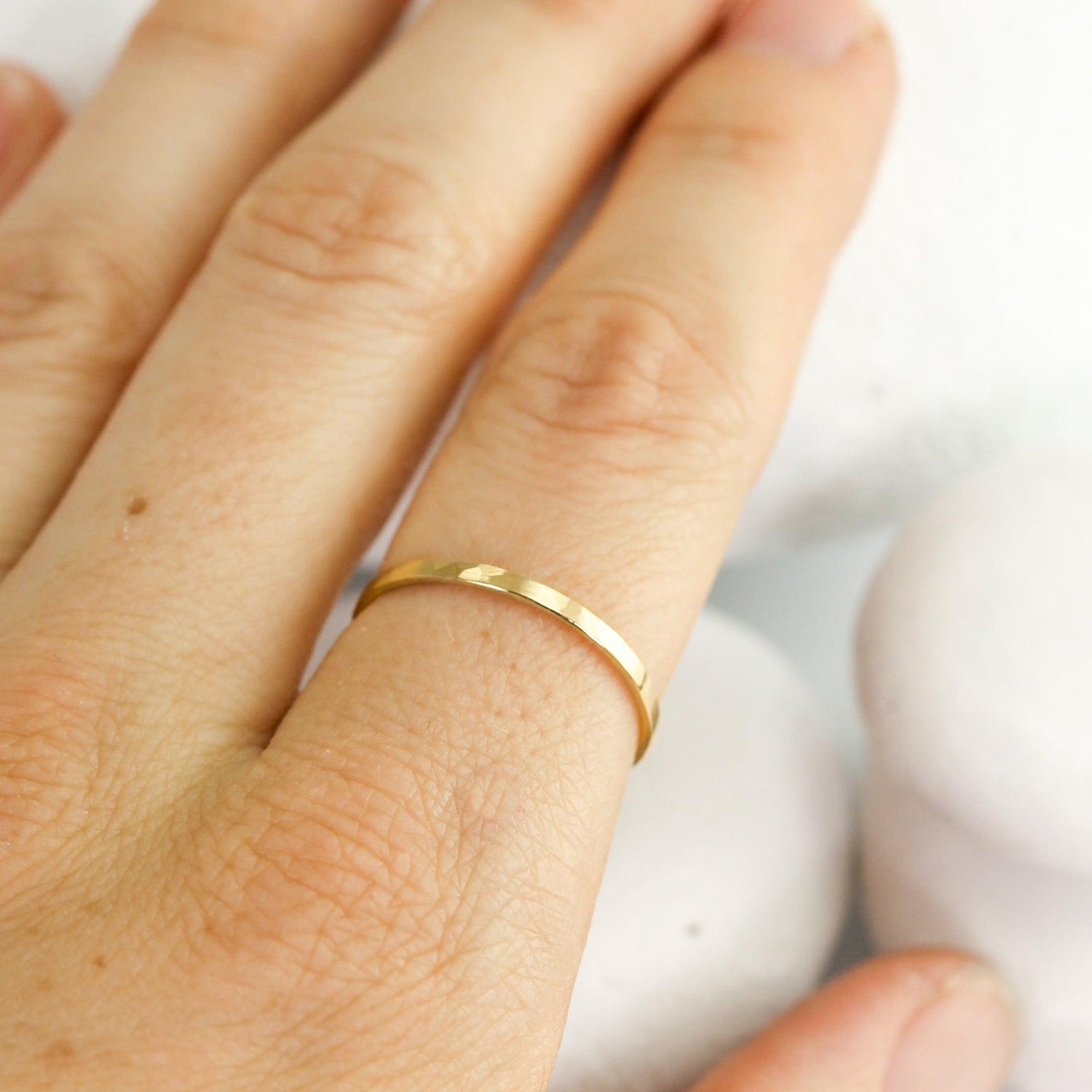 Hammered 14K Gold Wedding Band Set