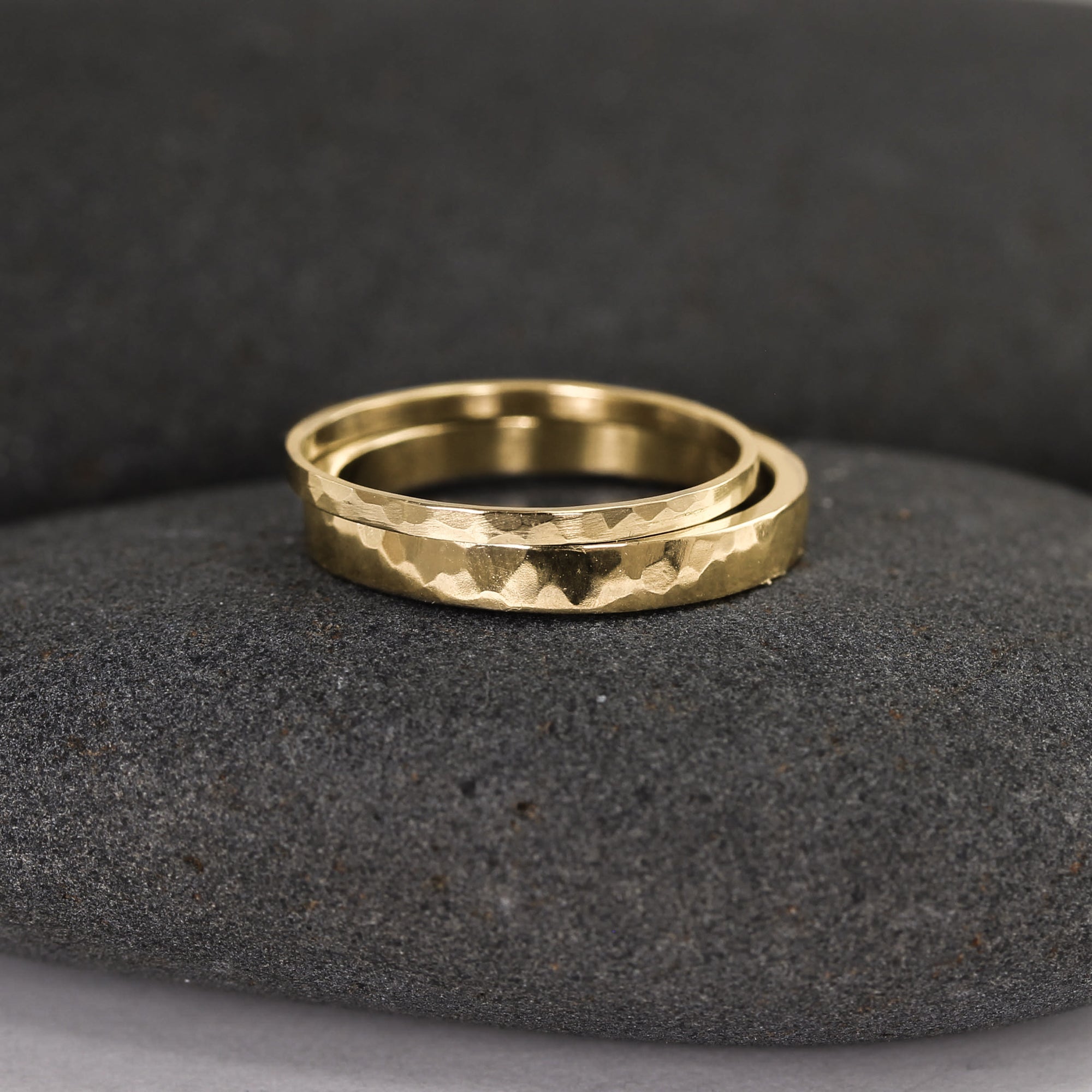 Hammered 14K Gold Wedding Band Set