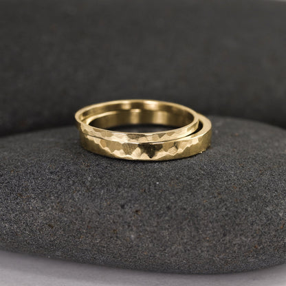 Hammered 14K Gold Wedding Band Set