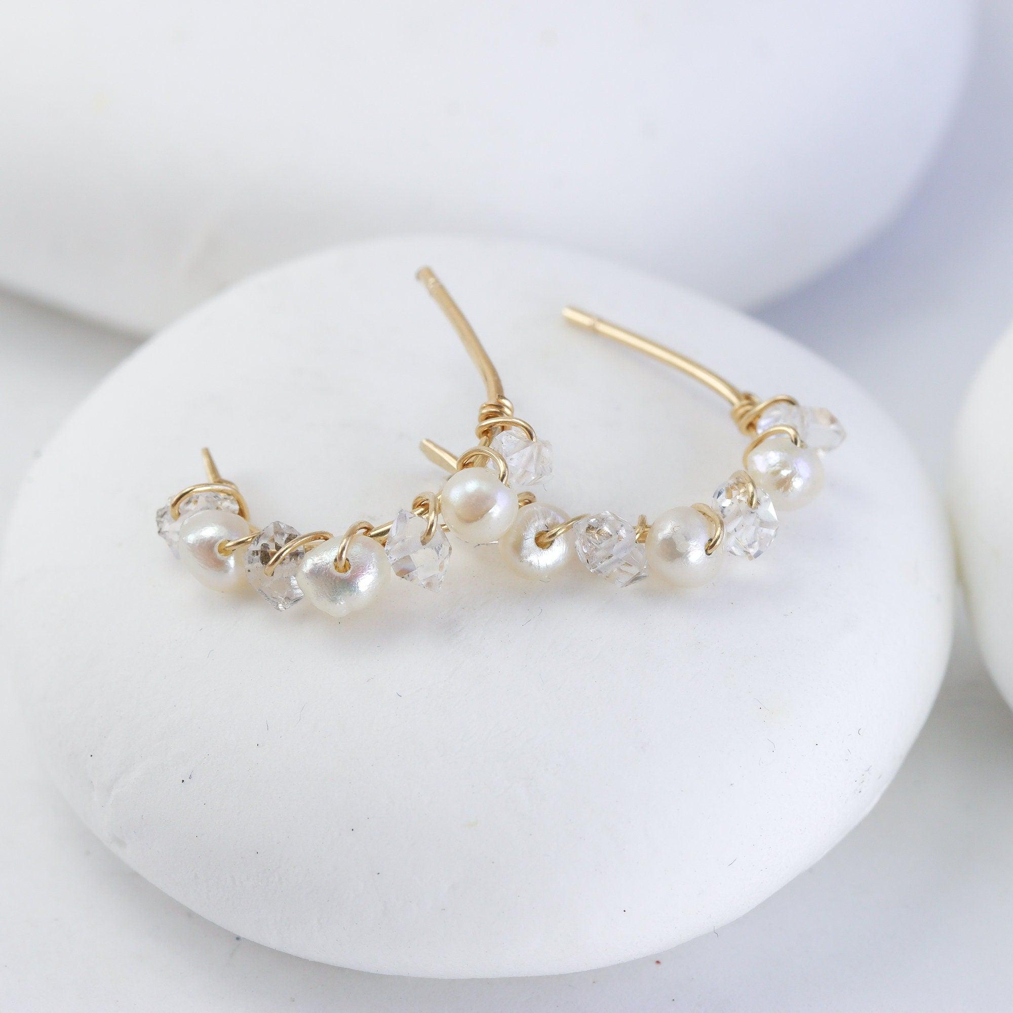 Herkimer Diamond and Pearl Hoops in Gold Fill