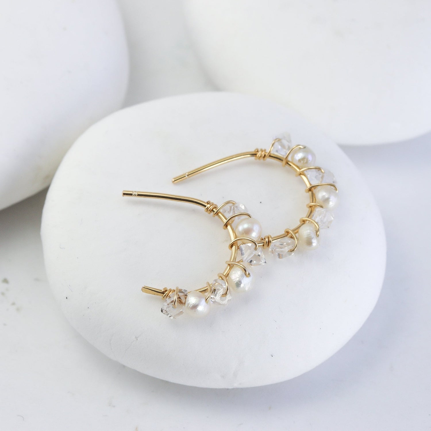 Herkimer Diamond and Pearl Hoops in Gold Fill