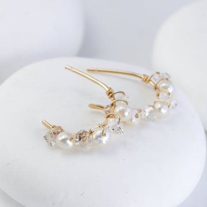 Herkimer Diamond and Pearl Hoops in Gold Fill