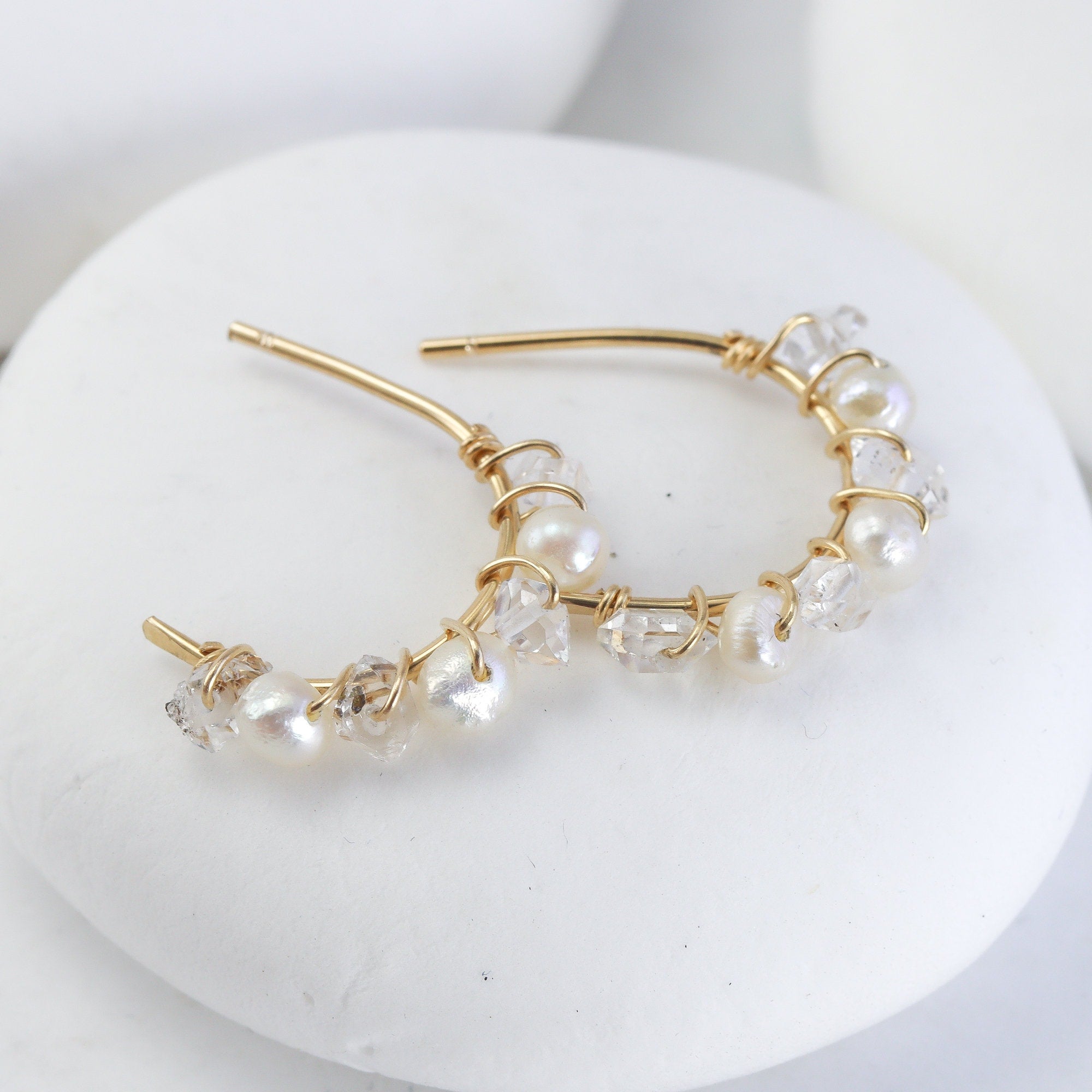 Herkimer Diamond and Pearl Hoops in Gold Fill