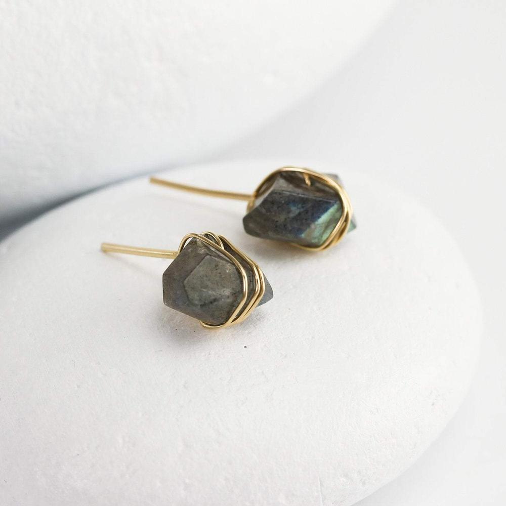 Labradorite newest Earrings Stud Gold Plated 18k *Post * Gemstone * Statement * handmade * Every day * Lightweight * bohemian * ByCila * BJE195