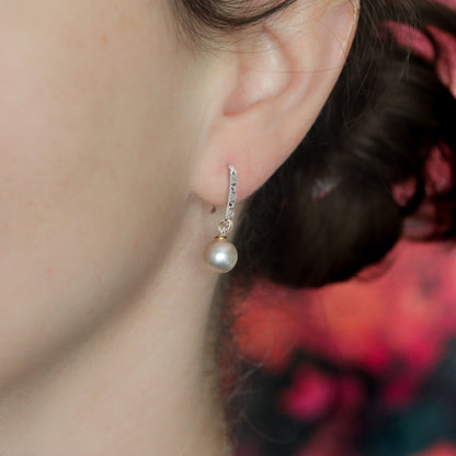 Large Diamond and Pearl Drops in Solid 14K White Gold