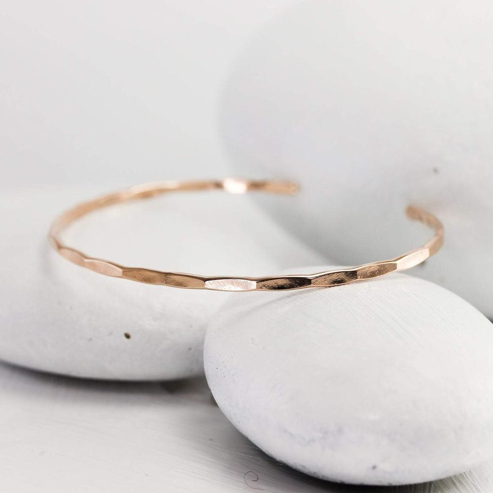 Thin Hammered 14K Rose Gold Cuff Bracelet