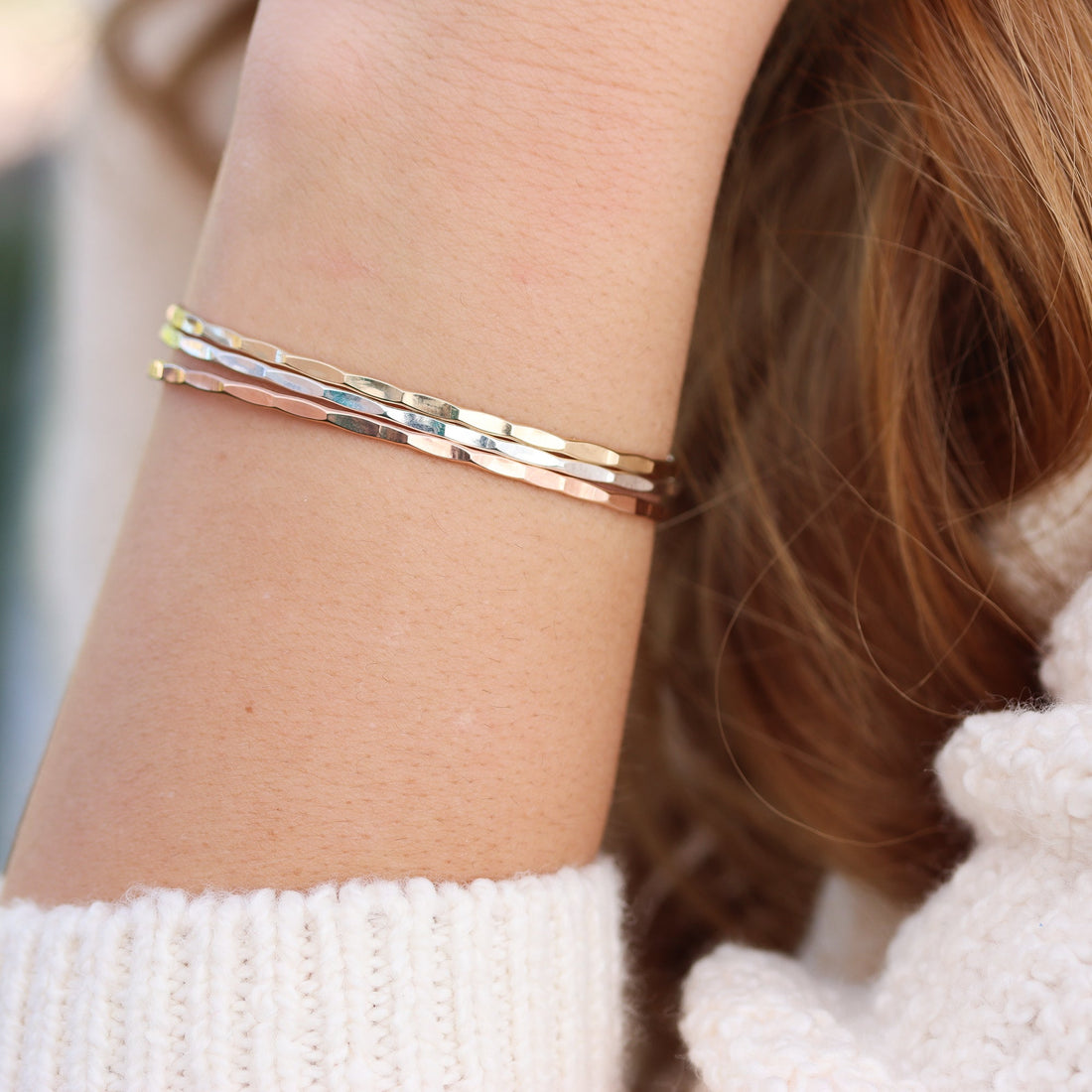 Thin Hammered Silver Cuff Bracelet