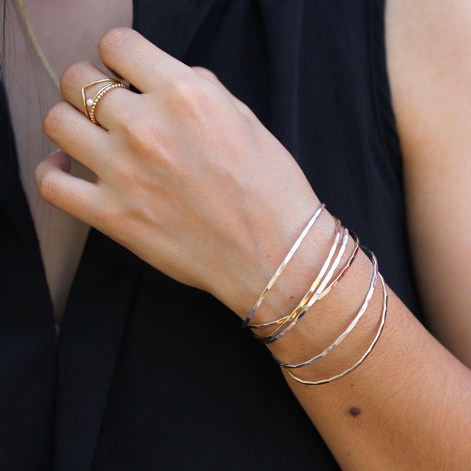 Thin Hammered Silver Cuff Bracelet